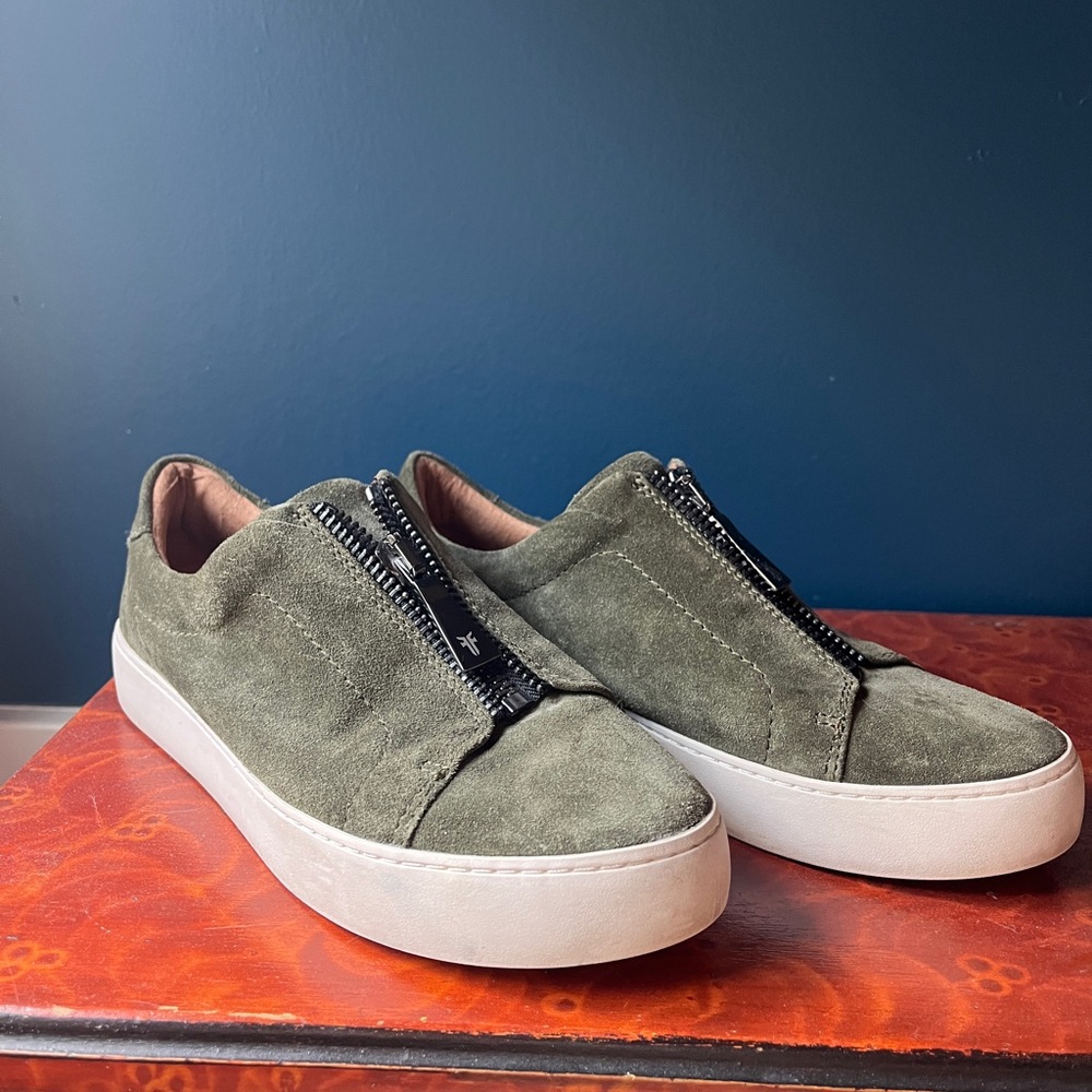 Lena Zip Low Sneakers, Green Suede